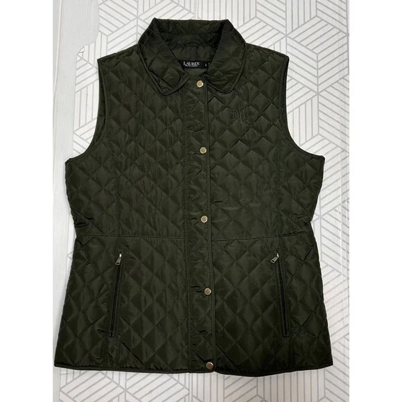 Ralph Lauren Womens Quilted Vest Green Full Zip Pony Logo Size L Preppy j - Picture 2 of 8
